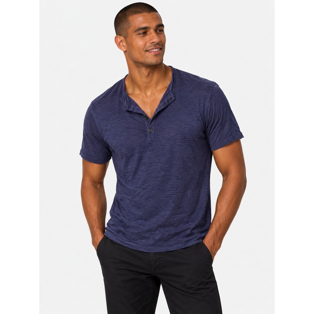 John Varvatos 100% Linen Henley Shirt Purple Short Sleeve Slub Tee M